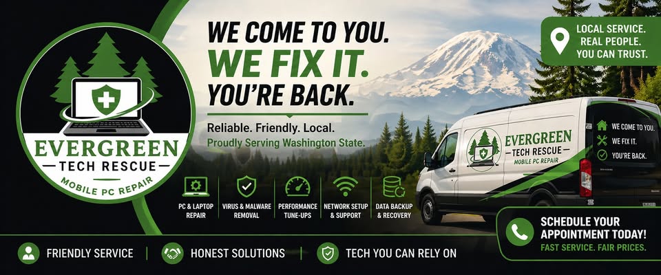 Evergreen Tech Rescue — We Come to You. We Fix It. You're Back.